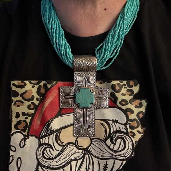 Turquoise Beaded Silver Cross Necklace - Picture 8 of 11